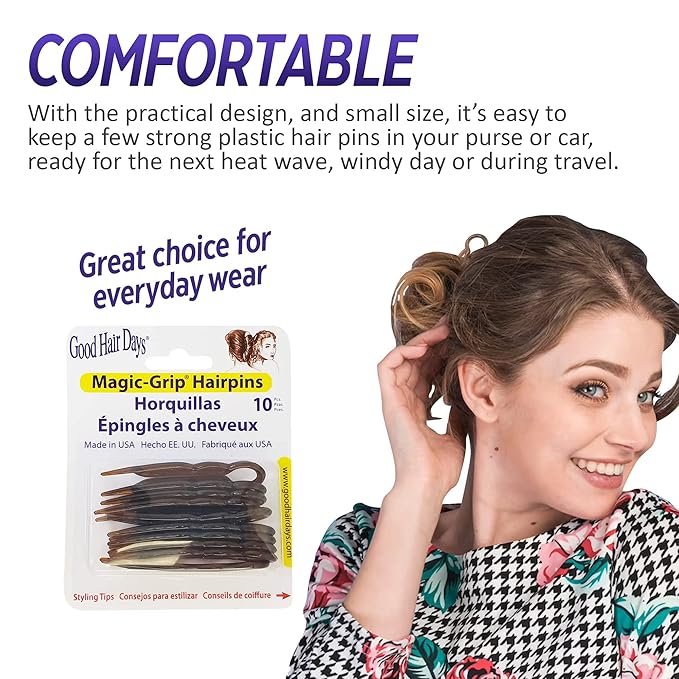 Good Hair Days Hair Pins - 2 1/2" Plastic, U-shaped Magic Grip Hairpins, Strong Durable Pins For Fine, Thick & Long Hair, Styling Accessories - Crystal, Set of 10
