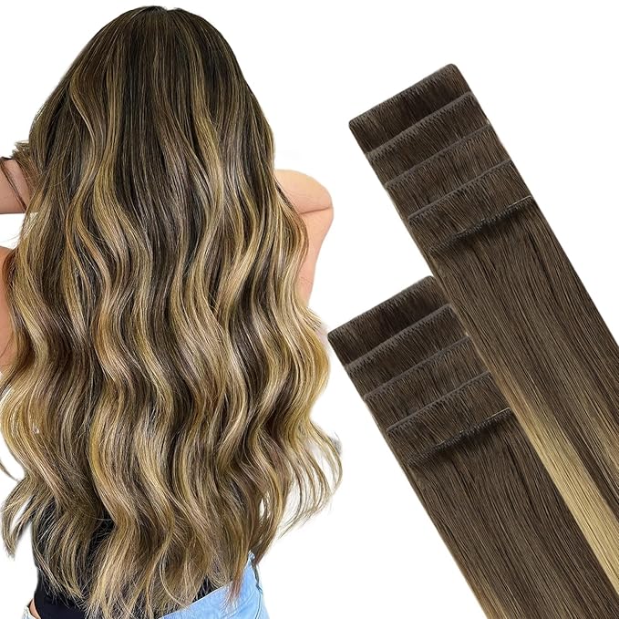 GOO GOO Invisi Edge Tape in Hair Extensions Human Hair, 4/27/4 Balayage Chocolate Brown to Caramel Blonde, 10pcs 20inch 30g, Virgin Remy Hair, Seamless Injected Tape, Natural Look