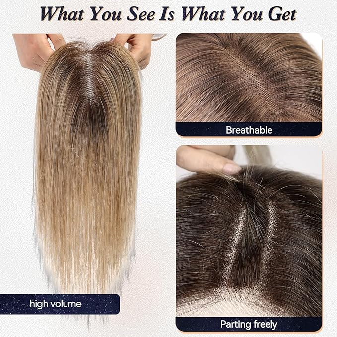 starluck Hair Toppers for Women Real Human Hair With Bangs, 100% Remy HumanHair Toppers for Women Hand-woven with Thinning,Cover Gray Roots,Adds Volume,Ombre Ash Blonde