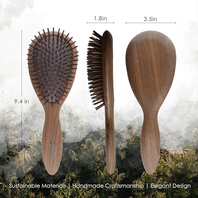 Lindale Walnut Wooden Hair Brush for Hair Growth with Natural Walnut Bristles Detangler Paddle Hairbrush for Massaging Scalp for Women Men, Reduces Static for Curly Hair with Ergonomic Handle Oval