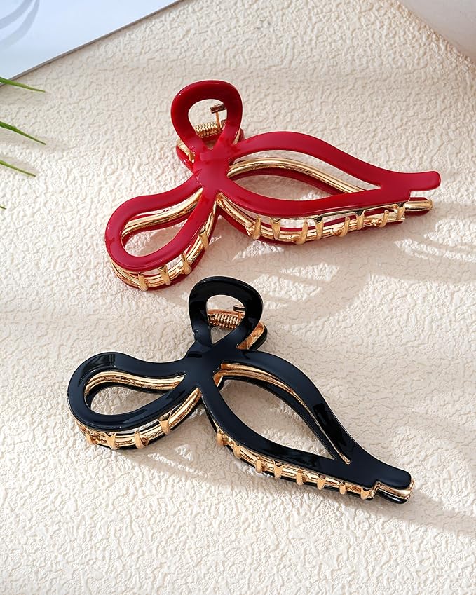 Mesovor 2 Pack Gold Metal Bow Hair Claw Clips, Nonslip 4.3" Large Hair Grip Hairclips for Thin and Thick | Acrylic Metal Strong Hold Claw Clip (Black, Red)