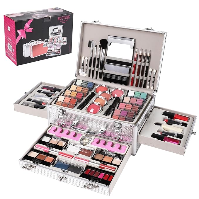 All in One Makeup Kit for Teens, 106 Pcs Professional Makeup Kit for Women Full Kit, Include Eyeshadow Palette, Lipstick Set, Concealer, Foundation, Lipgloss, Makeup Brush(Silver)