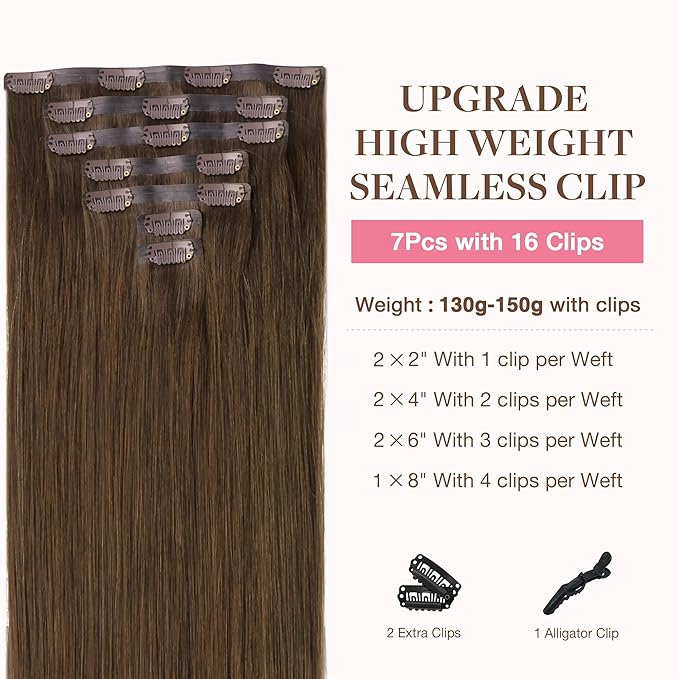 GOO GOO Clip in Hair Extensions Real Human Hair, Remy Human Hair Extensions Clip ins for Women, Natural Human Hair, 24inch 160g 7Pcs, 4A Chocolate Brown