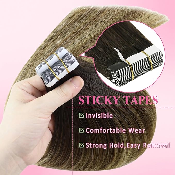 YoungSee Invisible Tape in Hair Extensions Balayage Human Hair Tape in Extensions Ombre Seamless Tape-in Extension Real Human Hair Brown Balayage with Blonde Human Hair Extension Tapein 24 Inch 20pcs