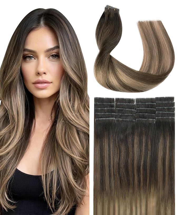 SURNEL Injection Tape in Extensions Human Hair 22Inch Dark Brown to Dirty Blonde Invisible Tape in Extensions 20 Pcs 50g(#2618,22)
