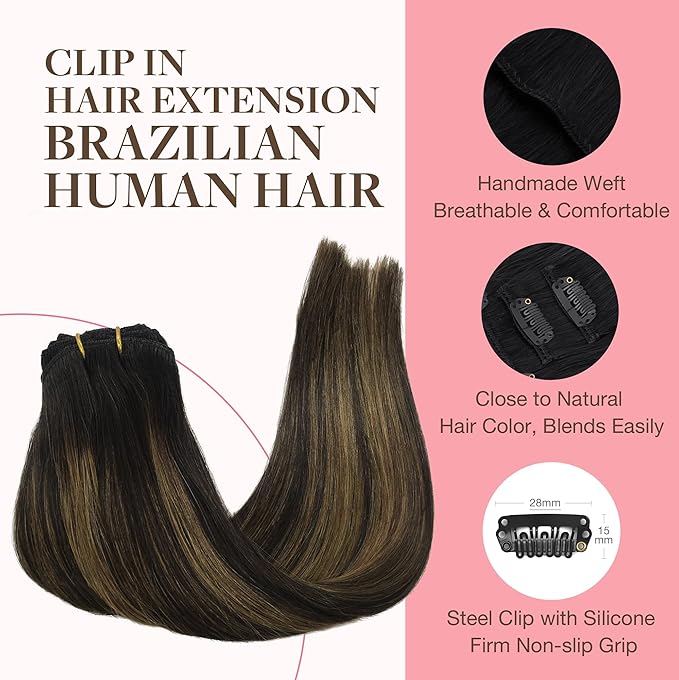 GOO GOO Clip in Hair Extensions Real Human Hair, Remy Human Hair Extensions Clip ins for Women, Natural Human Hair, 26inch 180g 7Pcs, #1B/6/1B Balayage Natural Black to Chestnut Brown