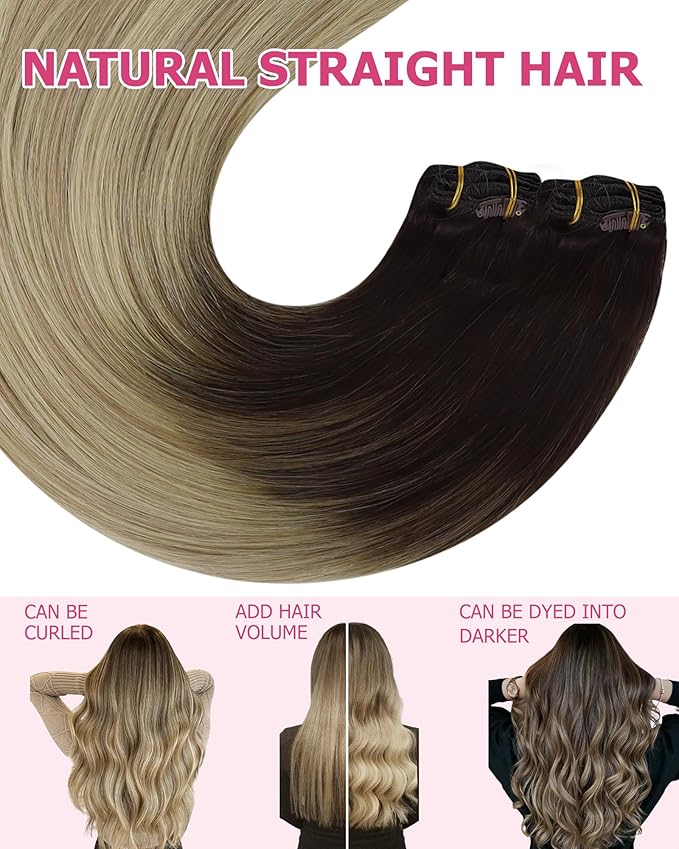 YoungSee Clip in Human Hair Extensions Ombre Clip in Extensions Real Human Hair Medium Brown Ombre Golden Mix Platinum Blonde Balayage Hair Extension Clip ins Long Straight Hair 120G 22In 7Pcs