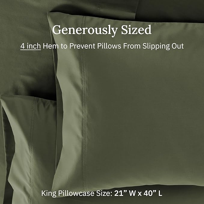 California Design Den King Size Pillowcase Set of 2 - Luxuriously Soft Premium 600 Thread Count, 100% Cotton Pillow Case Covers, Crisp Sateen, Fits King Pillows - Dark Olive Green