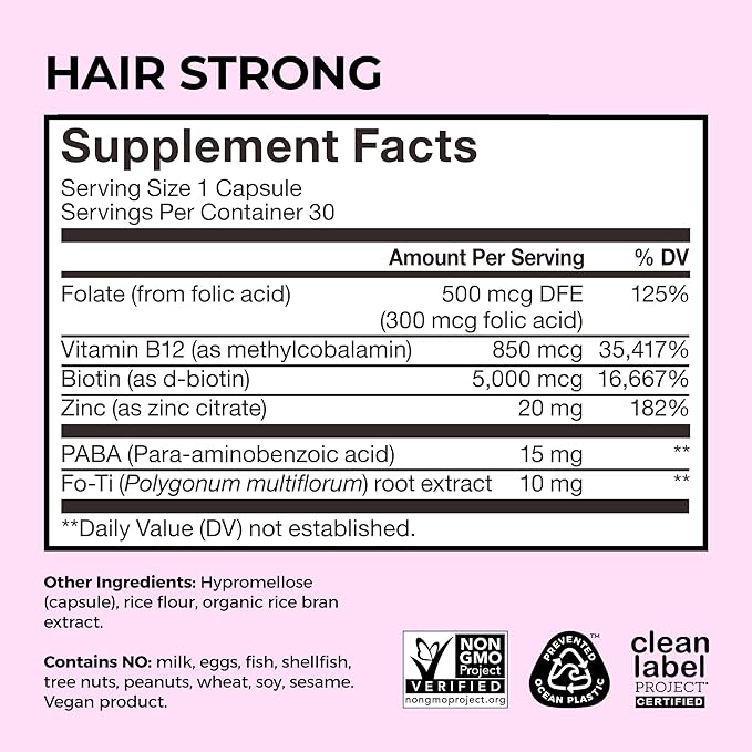 HUM Hair Strong Daily Hair Growth Supplement with Biotin, Zinc, Vitamin B12 to Support Growth, Folic Acid & Vitamin B12 Vitamins for Healthy Hair Support for Women and Men, 30 Vegan Capsules