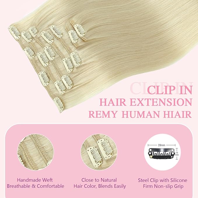 PINKPEARL Clip in Hair Extensions #60 Platinum Blonde Clip in Hair Extensions Real Human Hair 7pcs 120g 14inch Blonde Hair Extensios Clip ins for Women Straight Natural Human Hair Clip ins (#60-14)