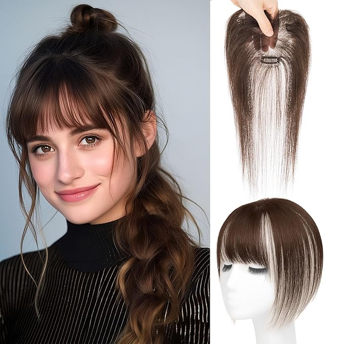 Benehair Clip in Bangs 100% Real Human Hair Extensions 360° Cover Clip on 3D Wispy Bangs for Women Topper Hairpieces for Women Dark Brown