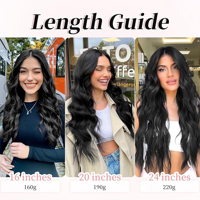 KooKaStyle Clip in Synthetic Hair Extensions Long Wavy 4PCS Thick Hairpieces Black Fiber Double Weft Natural Hair Extensions 24 Inch for Women