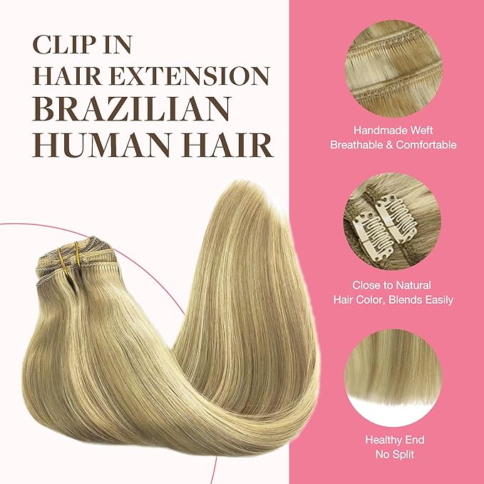 GOO GOO Clip in Hair Extensions Real Human Hair, Remy Human Hair Extensions Clip ins for Women, Natural Human Hair, 22inch 220g 9Pcs, #16/22 Light Blonde Highlighted Golden Blonde