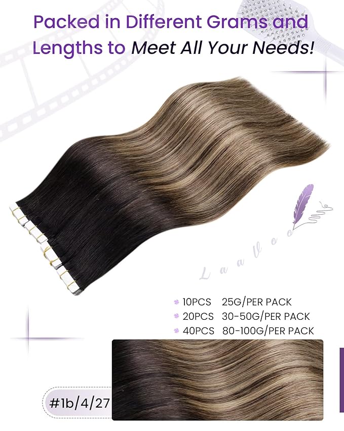 LaaVoo Tape in Hair Extensions Human Hair Real Hair Extensions Tape in 24 Inch Ombre Black to Brown Mix Caramel Blonde Human Hair 40pcs/100g