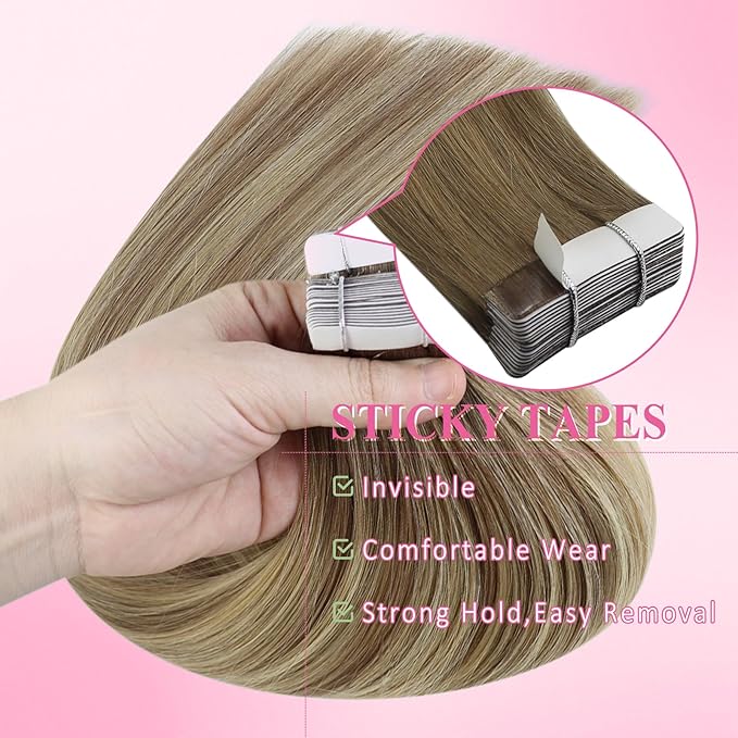 YoungSee Tape in Hair Extensions Human Hair Brown Tape in Hair Extensions Balayage Tapes ins Human Hair Extension Light Brown Ombre Platinum Blonde Hair Extension Tape-in 18 Inch 20pcs 50g