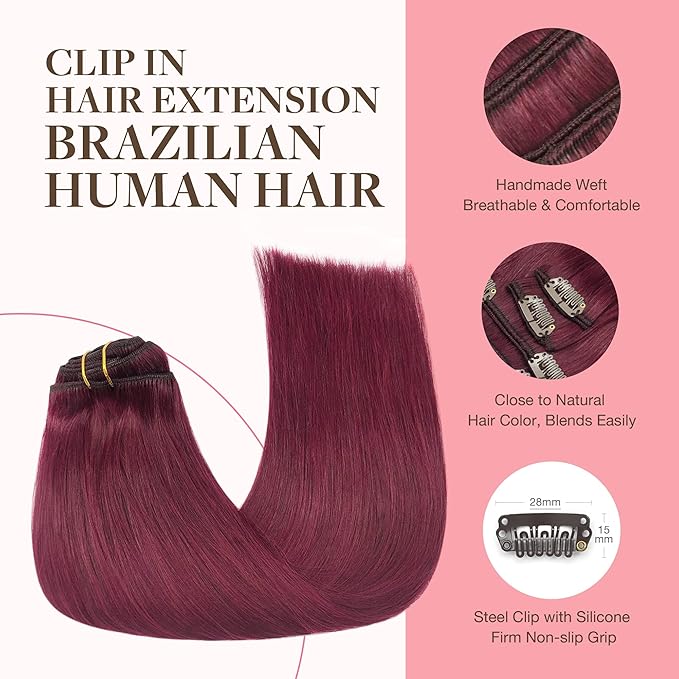 GOO GOO Clip in Hair Extensions Real Human Hair, Remy Human Hair Extensions Clip ins for Women, Natural Human Hair, 14inch 120g 7Pcs, 530 Burgundy