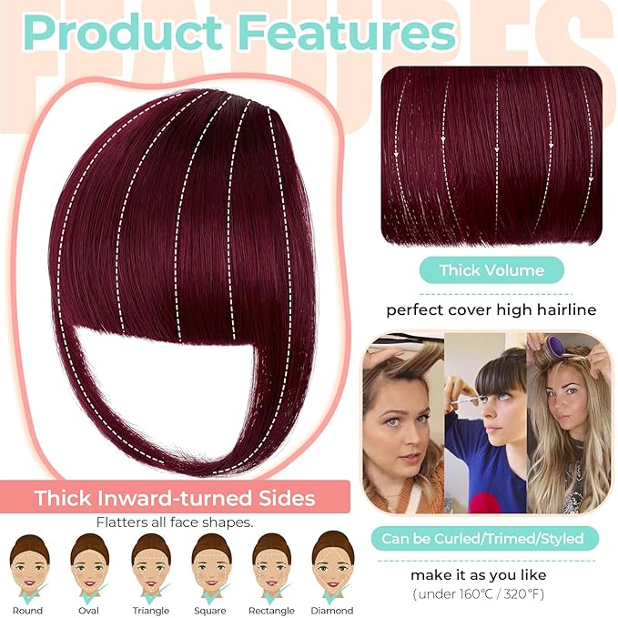 Clip in Bangs, Synthetic French Bangs Hair Clip, Fake Bangs Fringe with Temples Hairpieces for Women Natural Curved Hair Extensions for Daily Wear Wine Red