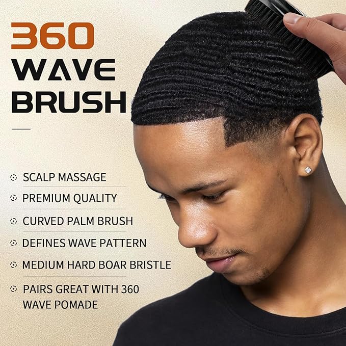 Curved 360 Wave Brush For Men - Medium Hard Palm Brush for Laying Down 360 Waves Made with Natural Boar Bristle and Wood Easy to Hold - Strong Hold Travel Size Wave Pomade Greasy 360 Layer Hair Waves