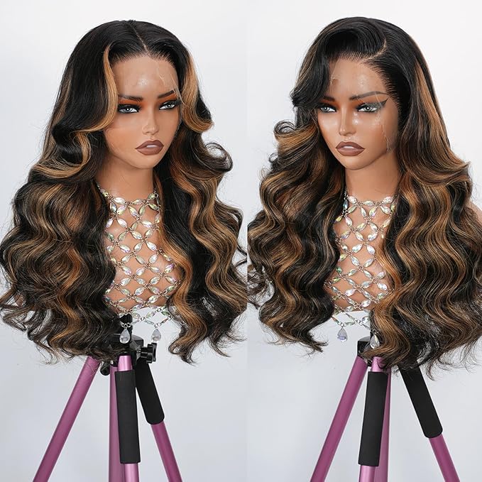 Highlight Ombre 13x4 Full Frontal Skinlike HD Lace Wig 0.10mm Ultra-thin Invisible Body Wave Lace Front Wigs Human Hair Pre plucked 200% Density 1B/30 Balayage Wigs for Women 26 inch