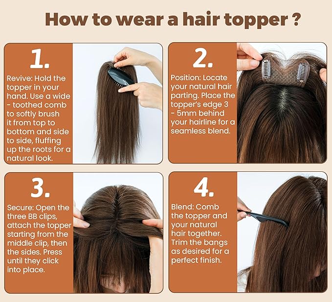 8x11cm Breathable Hair Topper, 12 inches 35g 120% Density Real Human Hair, 3 Non-Slip BB Clips, Wearable on Left, Right & Middle Part, Versatile Styling for Hair Loss & Volume Boost (Brown)