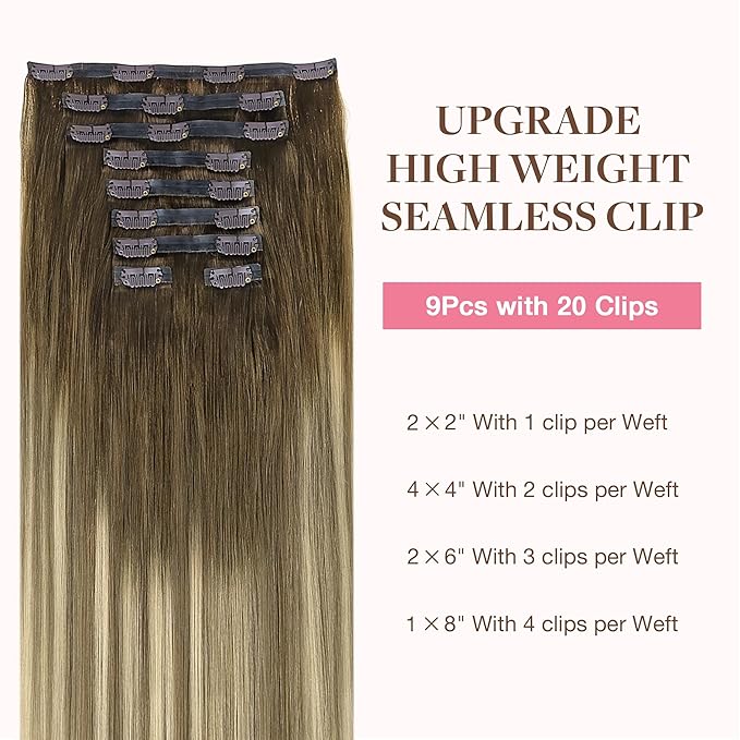 GOO GOO Clip in Hair Extensions Real Human Hair, Remy Human Hair Extensions Clip ins for Women, Natural Human Hair, 14inch 130g 9Pcs, 3/8/613 Balayage Walnut Brown to Ash Brown and Bleach Blonde