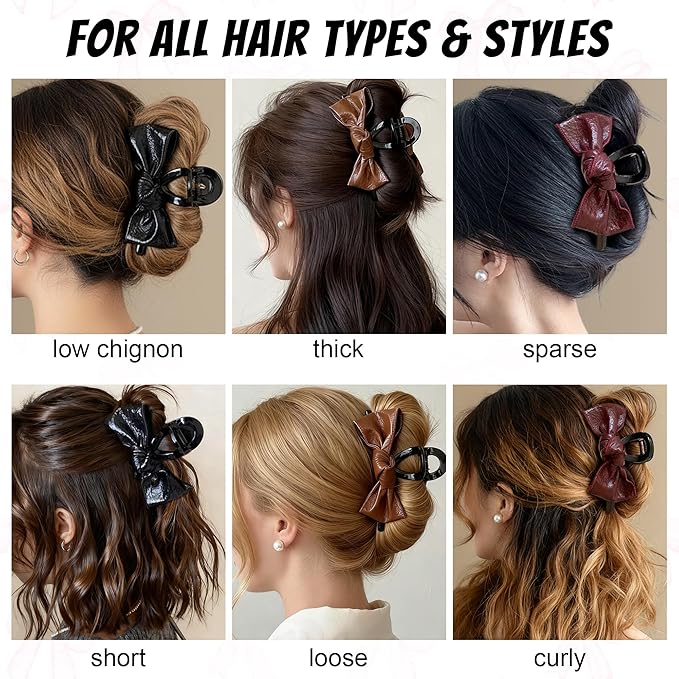 3Pcs Patent Leather Hair Claw Clips Set, Bowknot Hair Jaw Clamps in Brown-Black-Burgundy, Non-Slip Strong Hold Hair Accessories for Thin/Medium/Thick, Stylish Hair Grips for Women and Girls