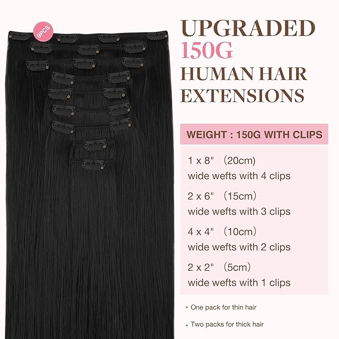 GOO GOO Clip in Hair Extensions Real Human Hair, Remy Human Hair Extensions Clip ins for Women, Natural Human Hair, 14inch 150g 9Pcs, 1 Jet black