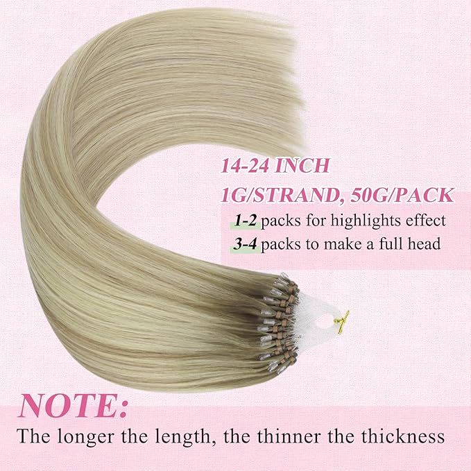 YoungSee Micro Loop Hair Extensions Human Hair Ombre Micro Bead Hair Extensions Real Human Hair Ash Blonde Ombre Microbeads Hair Extension 24 Inch Balayage Bead Hair Extension for Long Hair 50s/50g