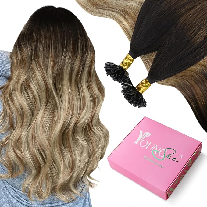 YoungSee U Tip Hair Extensions Brown Balayage U Tip Hair Extensions Human Hair Keratin Hair Extension Real Human Hair Ombre Brown to Blonde Utip Hair Extension Human Hair 22In 1g/s 50g