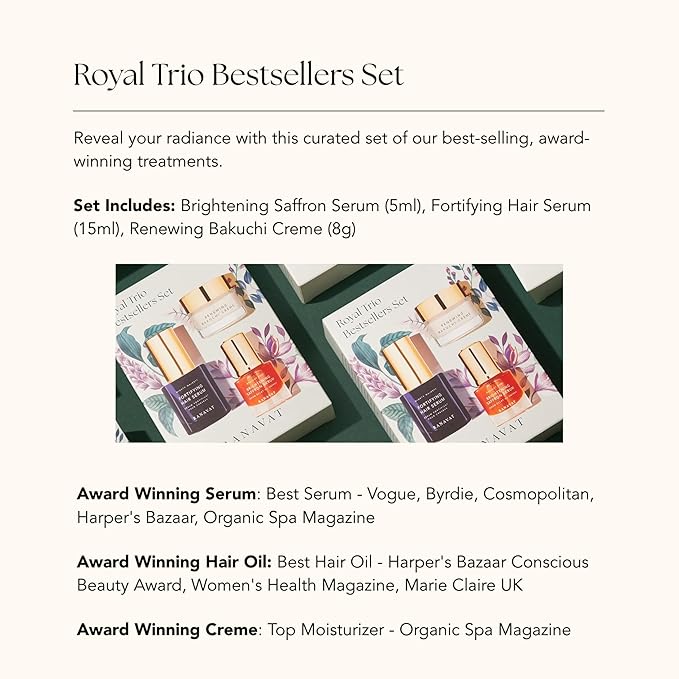 RANAVAT Royal Trio Travel Size Gift Set - Set Includes Brightening Saffron Face Serum, Renewing Bakuchi Face Cream & Fortifying Hair Serum - Clinically Tested Vegan Skincare & Haircare (3 Count)