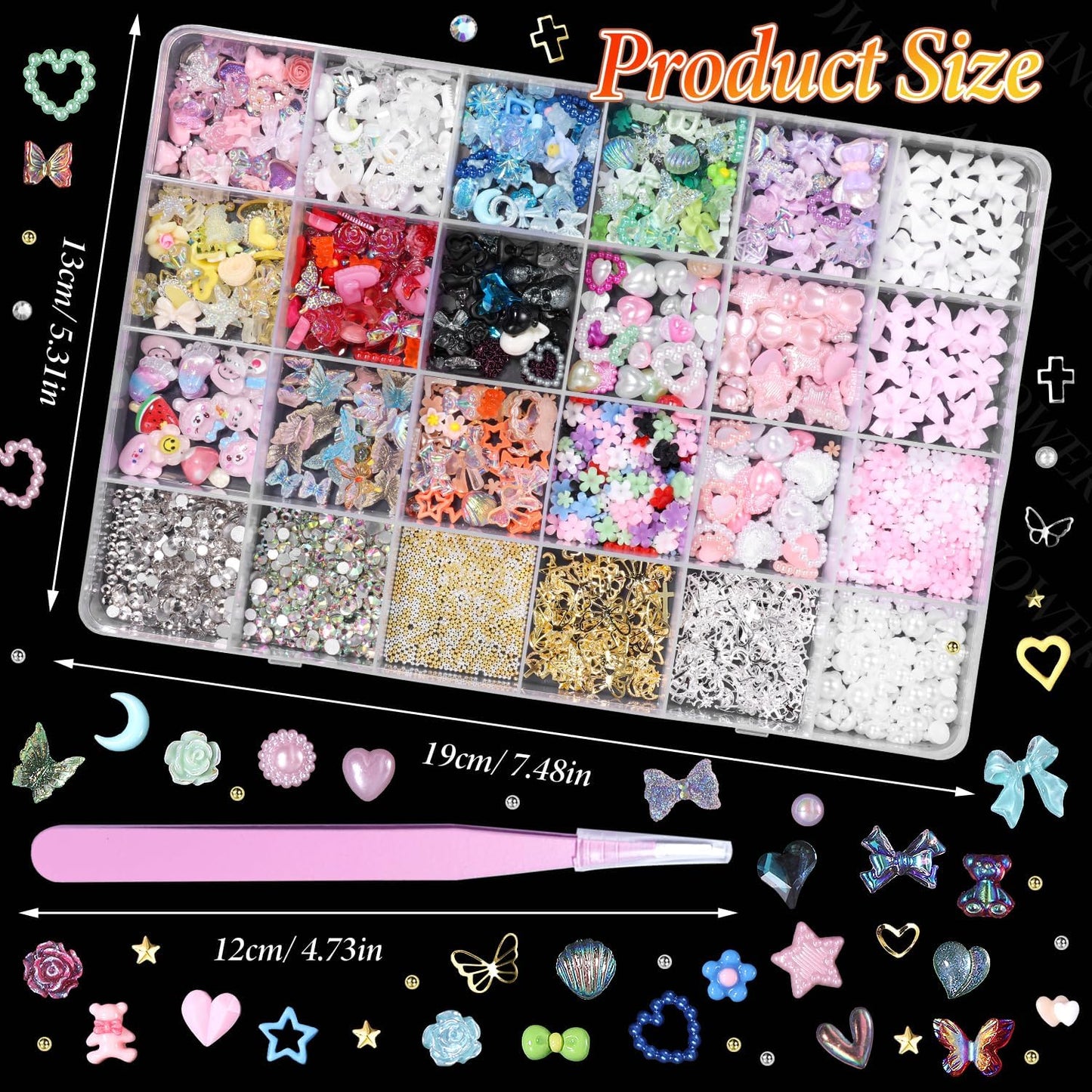 3D Nail Charms and Gems Mix Styles Butterfly Flower Bow Heart Colorful Assorted Nail Art Charm for Acrylic Nails Design, Pearls Nails Charms with Rhinestones Tiny Beads with Tweezers