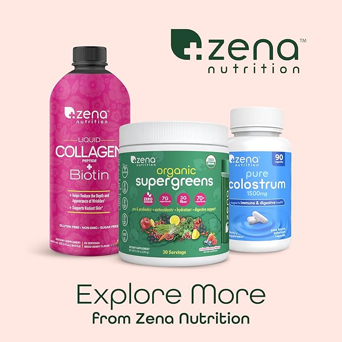 Zena Nutrition Liquid Collagen for Women & Men (Type 1 & 2) & 5000mcg Biotin, 2500mg Verisol Bioactive Collagen Peptides, Hair, Skin, Nail Supplement, Mixed Berry, 60 Servings, 20.3 fl oz