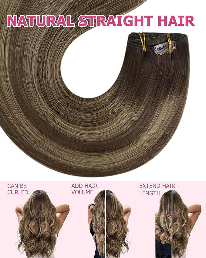 YoungSee Clip in Human Hair Extensions Brown Balayage Clip in Real Hair Extensions Dark Brown with Caramel Blonde Balayage Remy Hair Human Extension Clip ins Long Straight Hair Extension 22Inch 120G