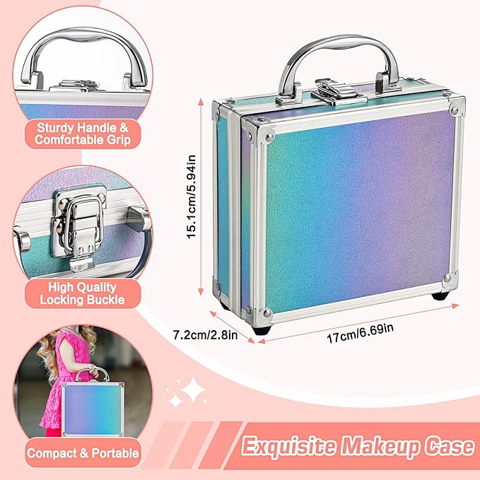 Anpro All-In-One Makeup Carry Case with Pro Teen Makeup Set, Full Starter Cosmetics Kit with Makeup Brushes, Eye Shadows Palette, Blushes, Glitter Gel, Temporary Tattoo Stickers - Blue