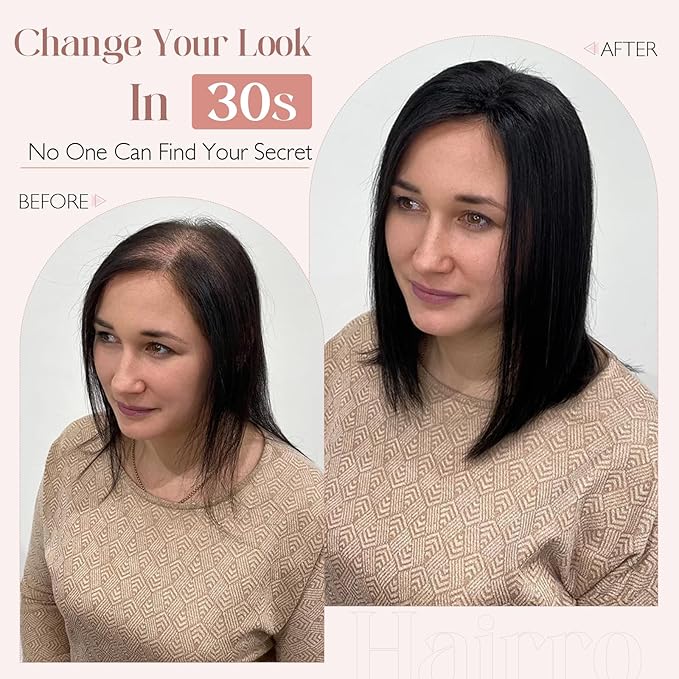 Hairro 100% Human Hair Topper No Bangs, Real Clip in Hair Hairpieces for Women, 3.94x4.72" Silk Base for Thinning Receding High Hairline, 10 Inch Dark Brown Middle Part