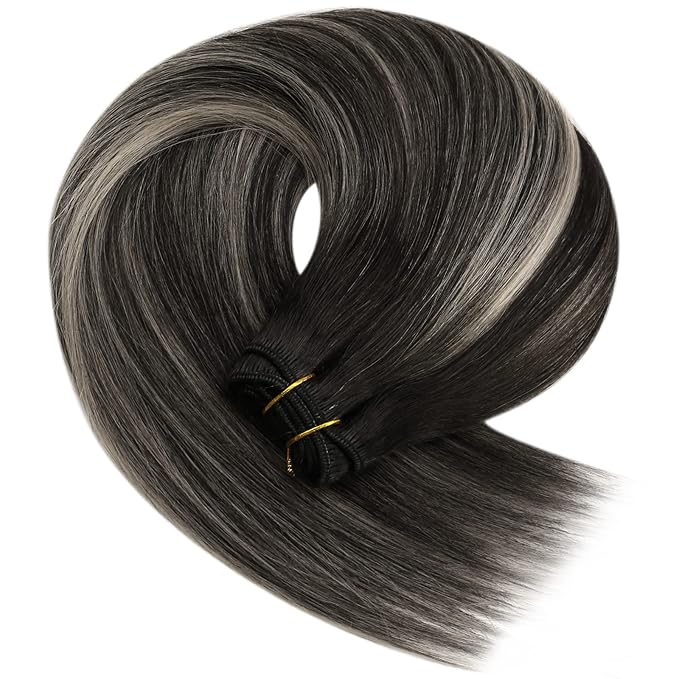YoungSee Black Weft Hair Extensions Human Hair Balayage Sew in Hair Extensions Ombre Double Weft Human Hair Extension Natural Black Mix Silver Blonde 16 inch 100g