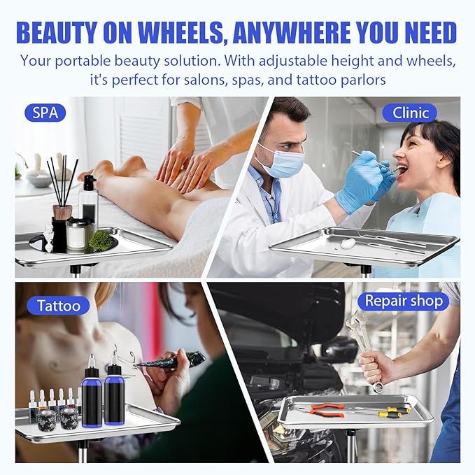 Rolling Salon Tray, Adjustable Salon Tray on Wheels, Premium Aluminum Tattoo Tray Cart for Spa Clinic, Silver