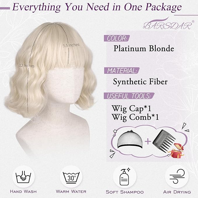 BARSDAR Short Wavy Platinum Blonde Wig with Bangs - Short Wavy Platinum Blonde Wig for Women - Textured Curly Chic French Bob Wigs with Face-Framing Bangs Soft Synthetic Natural Looking