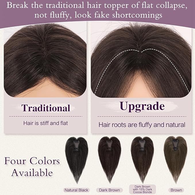 RUWISS Hair Toppers for Women Real Human Hair Lightweight Dark Brown Clip in Hair Piece for Thinning Hair Fluffy Straight Hair Topper without Bangs