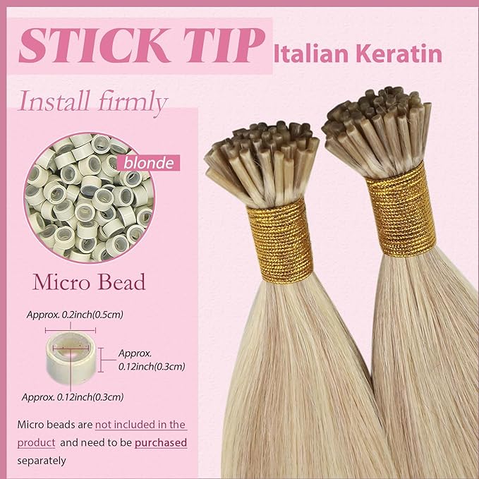 YoungSee I Tip Extensions Blonde Itip Hair Extension Real Human Hair Ash Blonde Highlight Bleach Blond Itip Hair Extension 16 Inch 60s 50g I-Tips Human Hair for Women
