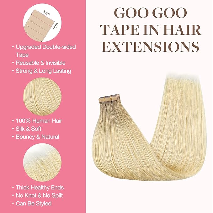 GOO GOO Tape in Hair Extensions Human Hair, R7/60F Rooted Ash Blonde with Frosted Highlights, 24inch 50g 20pcs, Skin Weft Seamless Invisible, Silky Straight with Thick Ends, Remy Human Hair