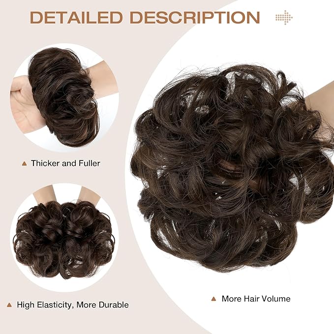 Messy Bun Hair Piece Wavy Curly Scrunchies Fluffy Donut Thick Updo Elegant Chignon Hairpieces for Women Girls, Medium Brown 1.4oz