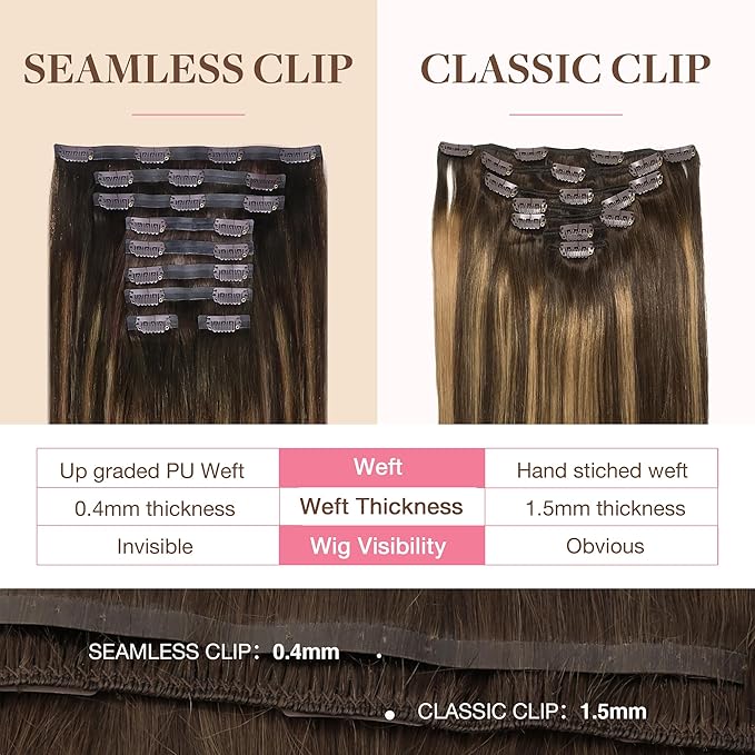GOO GOO Clip in Hair Extensions Real Human Hair, Remy Human Hair Extensions Clip ins for Women, Natural Human Hair, 24inch 220g 9Pcs, #4/27/4 Balayage Chocolate Brown to Caramel Blonde