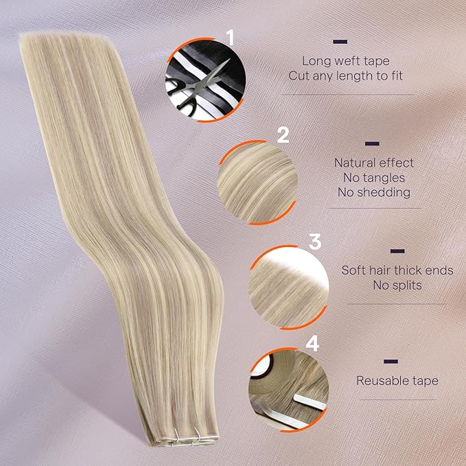 Full Shine Blonde Tape in Hair Extensions Human Hair Color 18 Ash Blonde And 613 Blonde Tape in Weft Hair Extensions Human Hair Invisible Skin Weft Tape ins 24Inch 50G One Piece Natural for Full Head
