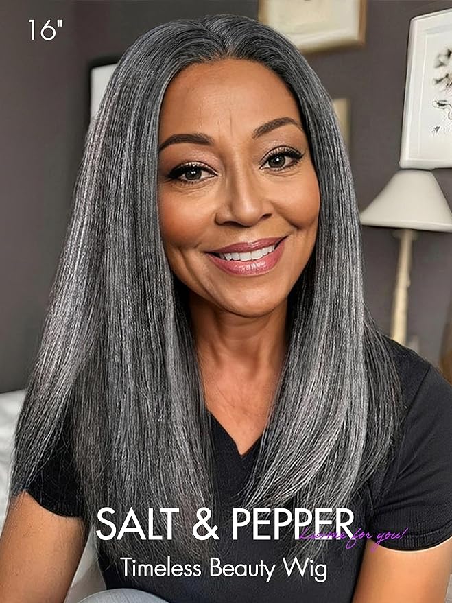 LUVME HAIR 16 Inch Grey Salt & Pepper Silky Straight Wig Human Hair Glueless HD Lace Bob Wig with Mix Grey Color, pre plucked pre cut Lace Ready to Go Wigs For Women