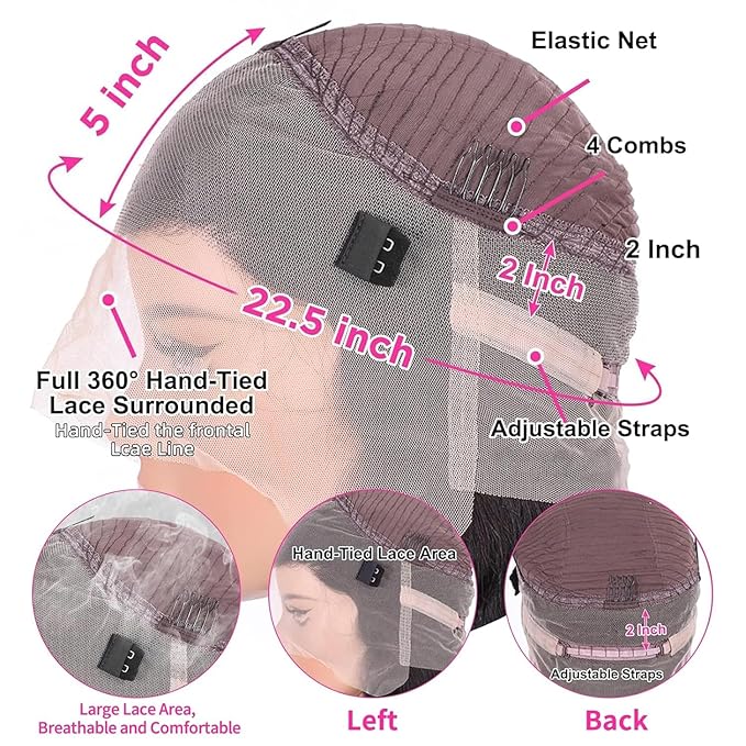 250 Density Hidden Strap 360 Full Lace Front Wigs Human Hair Pre Plucked Bleached Konts Pre Cut Lace Deep Wave HD Lace Frontal Wig with Drawstring Burgundy Wig Human Hair 360 Glueless Wigs(18inch)