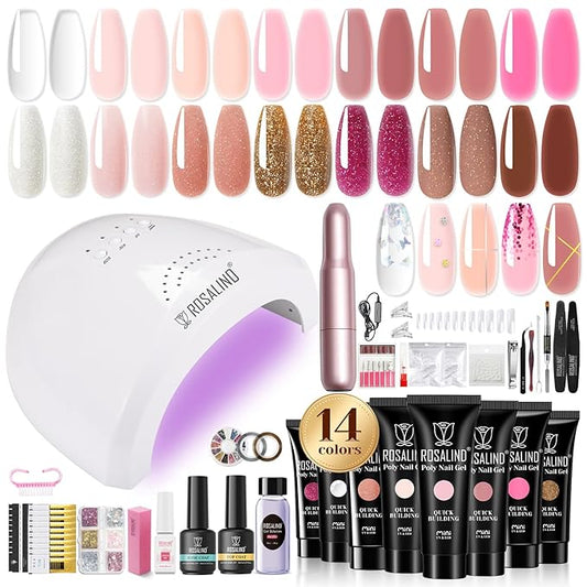 Poly Nail Gel Starter Kit -14 Colors + 75 Nail Art Accessories Kit,ROSALIND Clear Pink Nude Glitter Poly Nail Gel with Big UV Light 48W and Electric Nail Drill Starter Kit