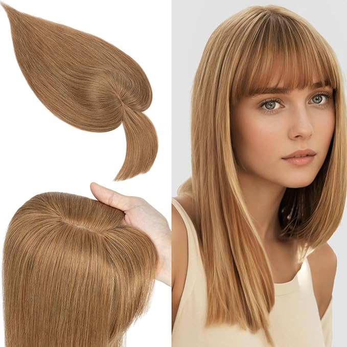 SEGO 100% Real Human Hair Toppers, with Air Bangs, Silk Base 150% Density, Clip in Topper, 2.7肺5.1・ HairPieces for Women, with Thinning/Hair Loss Cover Gray