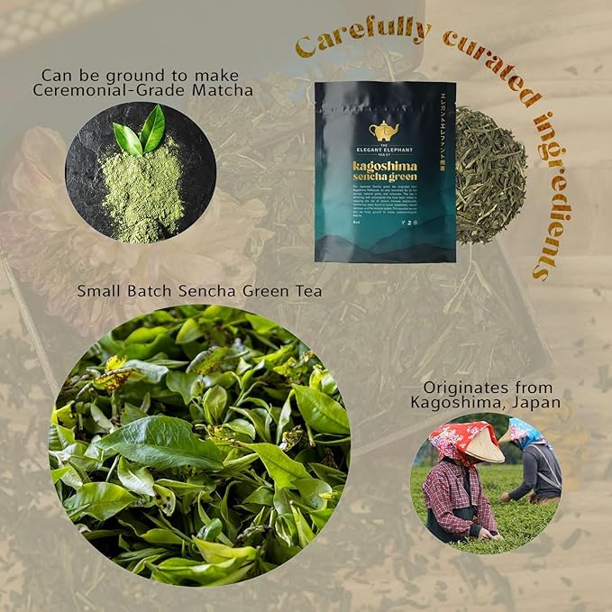 Japanese Sencha Green Tea, Organic Loose Leaf Sencha Tea – Antioxidant & Detox Support – Refreshing Hot or Iced Green Tea – 4 oz Resealable Bag (Makes 50 Cups) – The Elegant Elephant