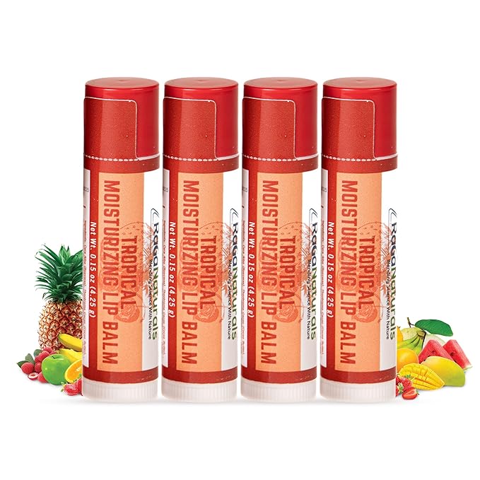 All Natural Tropical Moisturizing Lip Balm, Nourishing Lip Care For All Day Hydration, 100% Natural, Handmade with Love in USA, SuperFruit - Berries, Mango, Grapefruit (4 Pack)